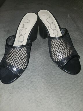 Sugar Black Mesh Block Heel Mules